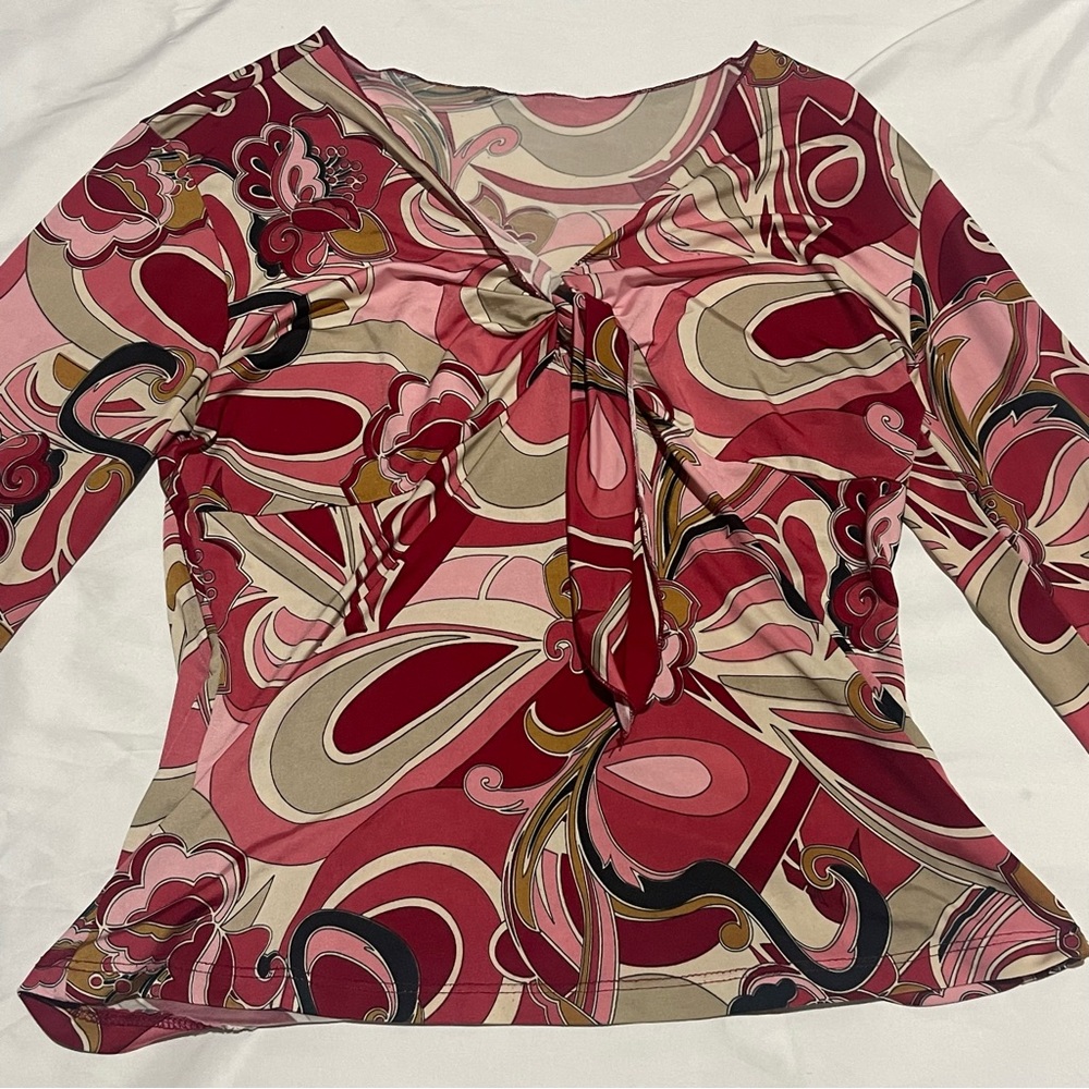 Vintage 90s/Y2K Pink Psychedelic Print Wrap Tie Blouse